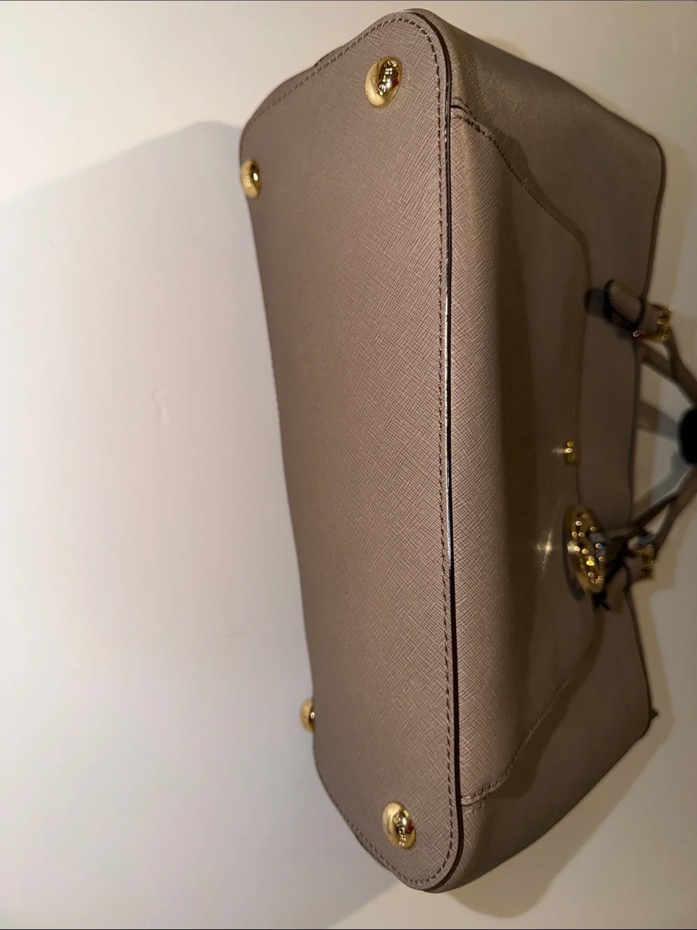 Michael Kors Taupe Leather Saffiano Tote with Gold Charm like new